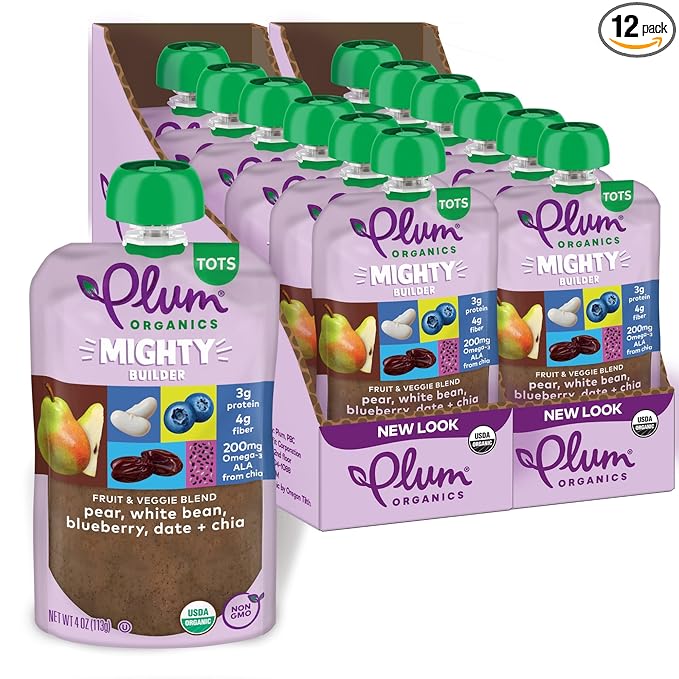 Plum Organics Mighty Builder Organic Toddler Food - Pear, White Bean, Blueberry, Date, and Chia - 4 oz Pouch (Pack of 12) - Organic Fruit and Vegetable Toddler Food Pouch