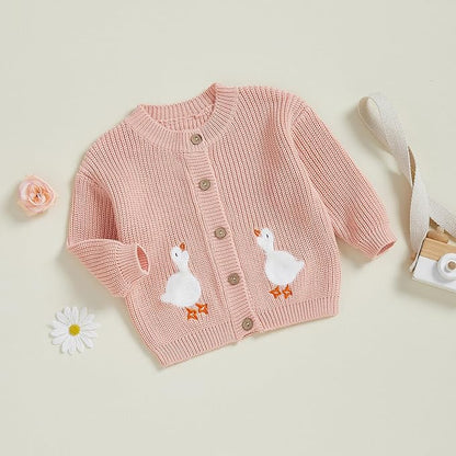 Baby Girl Cardigan Sweater Toddler Goose Embroidered Button Down Knit Sweaters Fall Winter Knitwear Jacket Clothes