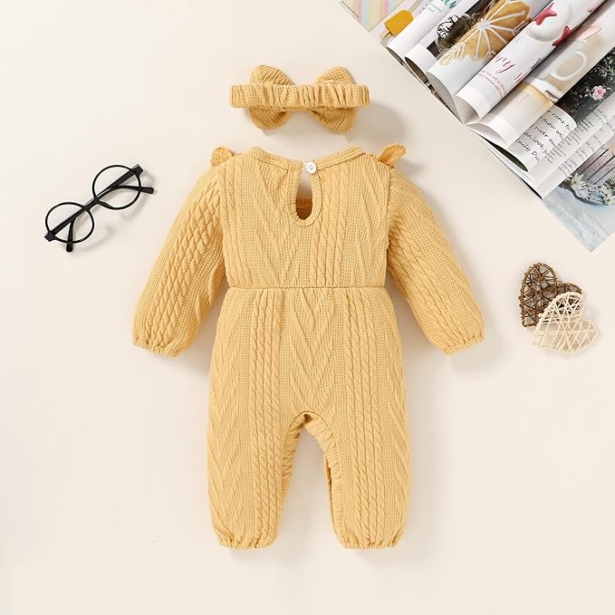 Happy Town Baby Girl Romper Infant Fall Winter Clothes Ruffle Sweater Long Sleeve Bodysuit Jumpsuit and Headband