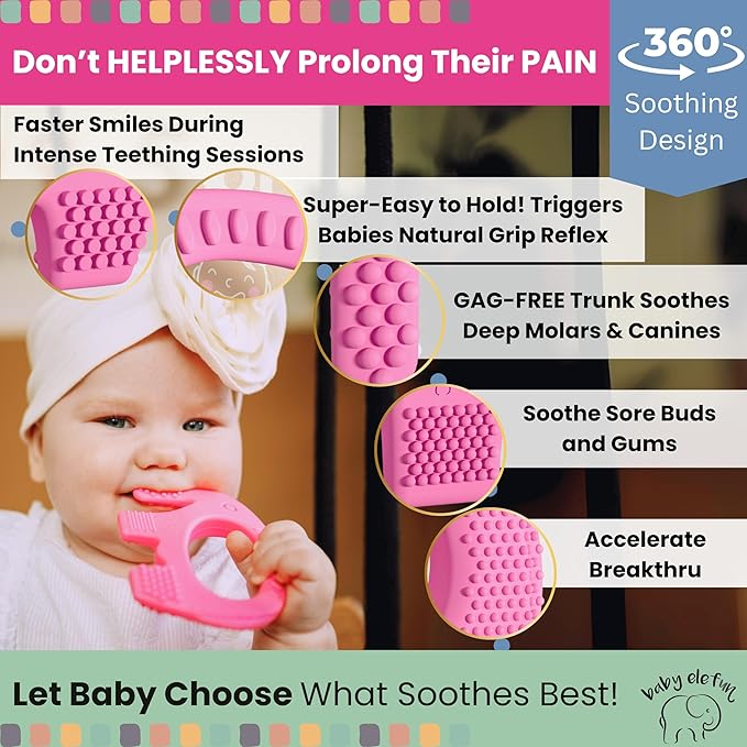 Baby Elefun Baby Teething Toys 5X Pain Relief Zero Delay 6-12 Months Pink