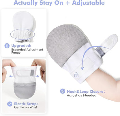 HAPIU Baby No Scratch Mittens Stay On, 100% Cotton Breathable, Adjustable Infant Gloves for Boys Girls, Newborn - 12 M