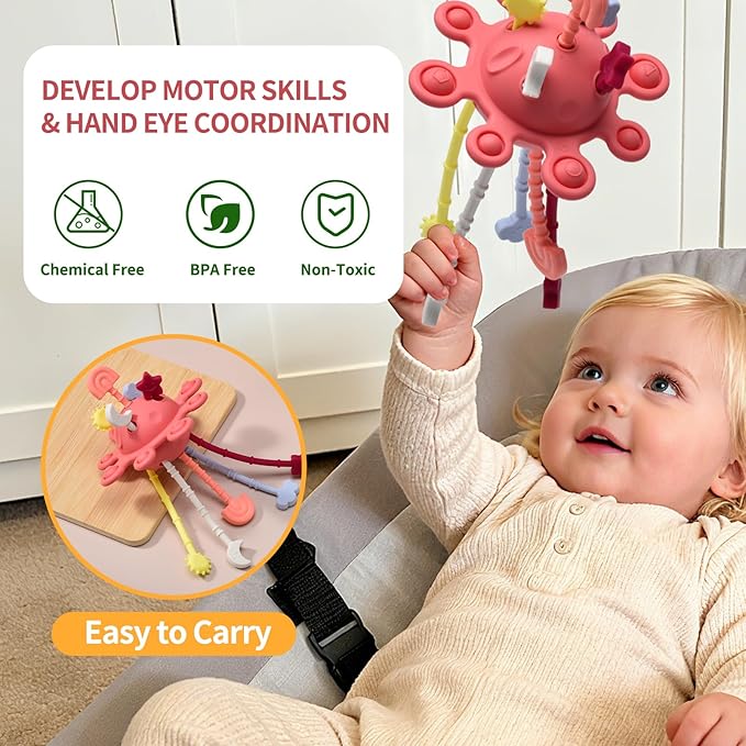 Silicone Baby Sensory Montessori Toys & Pull String Teething Toys for 6-12-18 Months, Toddler Birthday Gift Car Seat Airplane Travel Toy for 1 2 Year Old Boy Girl Infant 8 9 10 Months Old (Red)