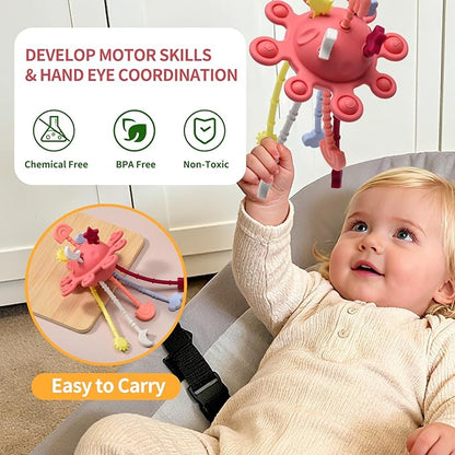 Silicone Baby Sensory Montessori Toys & Pull String Teething Toys for 6-12-18 Months, Toddler Birthday Gift Car Seat Airplane Travel Toy for 1 2 Year Old Boy Girl Infant 8 9 10 Months Old (Red)