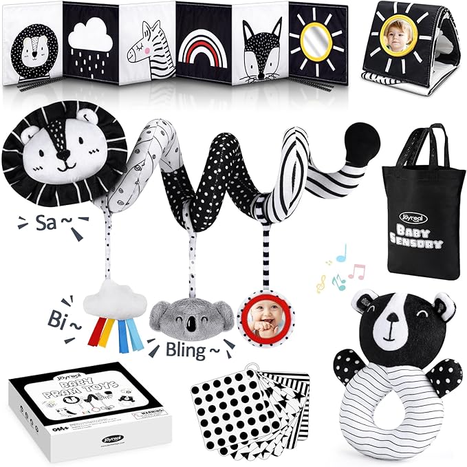 Joyreal High Contrast Baby Toys for Newborn, Black and White Baby Sensory Toys with Car Seat Toys,Infant Toys with Black White Cards Book, Montessori Toys for Baby Gifts