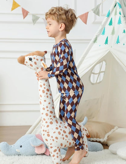 JunNeng Bamboo Viscose Pajamas for Toddler Boys, Baby Kids Diamond Pajamas Snug Fit Long Sleeve Sleeper