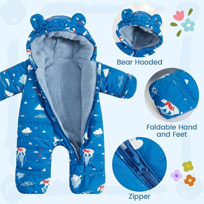 JiAmy Baby Snowsuit Baby Printed Winter Clothes With Flod-Over Girl Boy Hooded Outfits Jumpsuit Coat