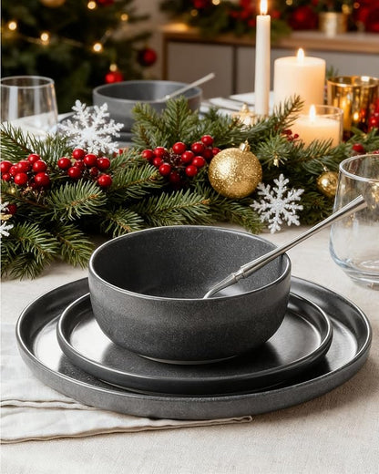 Famiware Milkyway Plates and Bowls Sets, 12 Pieces Dinnerware Sets, Reactive Glaze Dish Set, Stoneware Dishes Set for 4, Matte Dark Charcoal