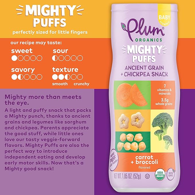 Plum Organics Mighty Puffs Ancient Grain + Chickpea Snack, Carrot + Broccoli Flavor, Baby Crawlers, Kosher, USDA Certified Organic, Non-GMO, 1.85 Ounce (Pack of 6)