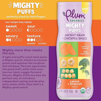 Plum Organics Mighty Puffs Ancient Grain + Chickpea Snack, Carrot + Broccoli Flavor, Baby Crawlers, Kosher, USDA Certified Organic, Non-GMO, 1.85 Ounce (Pack of 6)