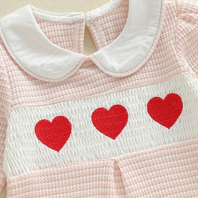 Gaono Newborn Baby Girl Romper Waffle Knit Striped Long Sleeve Doll Collar Heart Bow Jumpsuit Bodysuit Fall Winter Clothes
