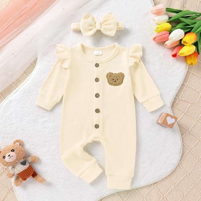 Newborn Baby Girl Cute Bear Ruffle Long Sleeve Jumpsuit Ribbed Bodysuit One-Piece Button Romper with Headband 0-18M