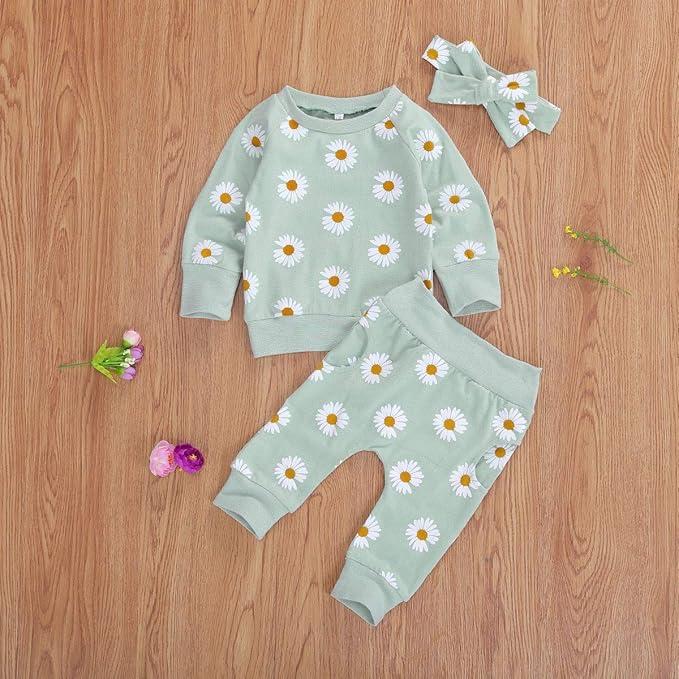 3Pcs Baby Girl Outfits Daisy Sweatshirt + Pants + Headband Infant Fall Winter Clothes