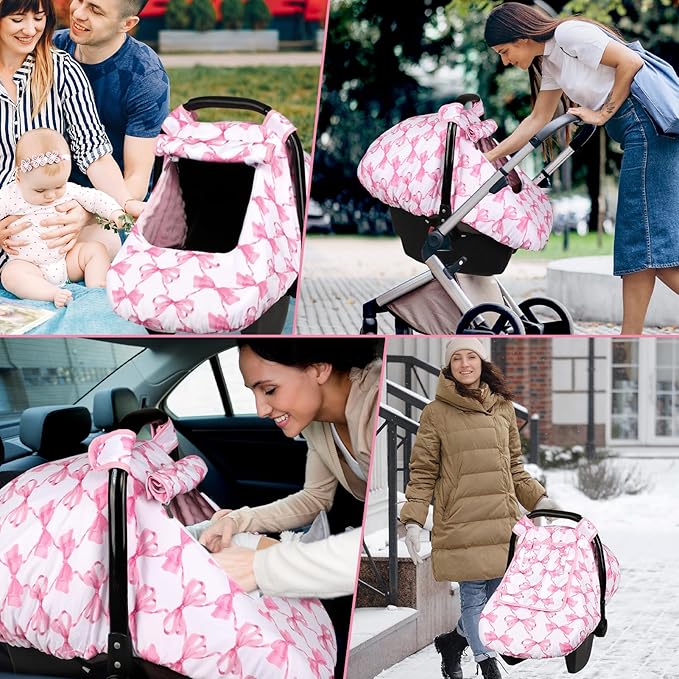 Car Seat Cover Baby, HNHUAMING Infant Car Seat Covers Canopy for Baby Girl Boy, Cozy & Windproof Newborn Carseat Covers Minky Dot Backing Stroller Cover with Breathable Mesh Window, Pink Bow