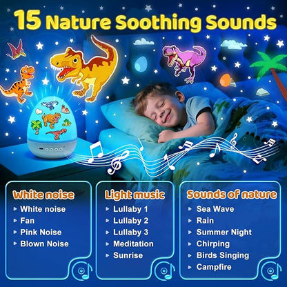Egg Light Dinosaur Toys for Kids 3-5 | 15 Sleeping Sounds+12HD Films+7 Colors+360°Rotating | Easter Dinosaur Dinosaurs Primal Hatch Boy Toys for Boys Star Projector Sound Machine Egg Light for Nursery