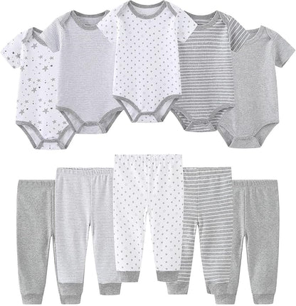Baby Bodysuit and Pant Set 10-pcs Cotton Soft Newborn Boy Girl Clothes Outfits