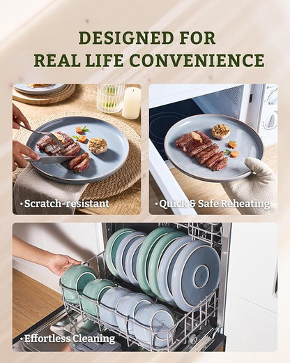 Famiware Meteor Plates and Bowls Sets for 4, 12 Pieces Dinnerware Sets, Microwave and Dishwasher Safe Dishes Set, Blue Gray