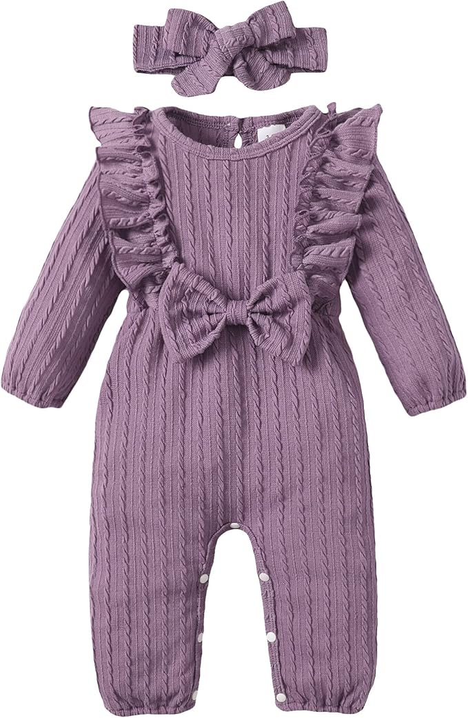 Happy Town Baby Girl Romper Infant Fall Winter Clothes Ruffle Sweater Long Sleeve Bodysuit Jumpsuit and Headband