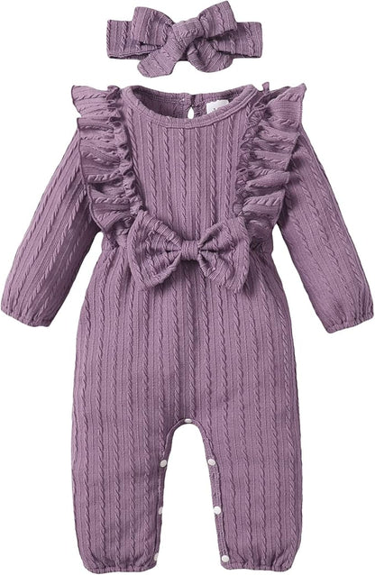 Happy Town Baby Girl Romper Infant Fall Winter Clothes Ruffle Sweater Long Sleeve Bodysuit Jumpsuit and Headband