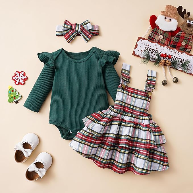 Hnyenmcko Newborn Baby Girl Christmas Clothes Infant Red Plaid Romper Dress Ruffle Long Sleeve Ribbed Bodysuit Headband Set