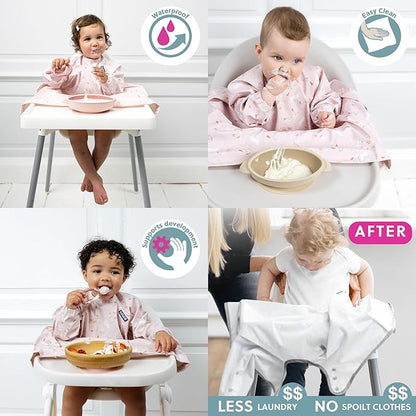 BIBaDO - Long Sleeve Baby Bibs - Babies & Toddlers 6-36 Months - Coverall Baby Led Weaning Bib - Easy Wipe, Soft & Waterproof