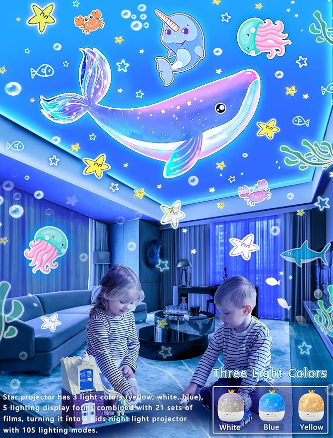 21 Sets of Films, Projector Night Light for Kids Bedroom, Ceiling, Baby Night Light Projector, Star Galaxy Projector for 1-14 Years Old Baby Girls with 360° Rotation for Christmas, Nursery, Room Decor