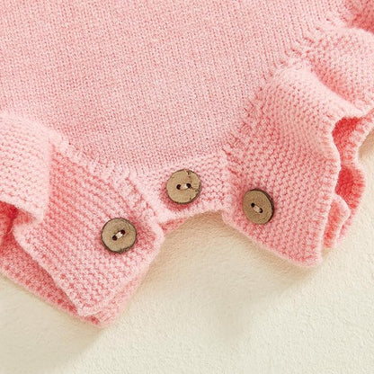 Infant My First Valentines Baby Girl Outfit Newborn Button Heart Embroidery Knit Romper Bubble Bodysuit One Piece