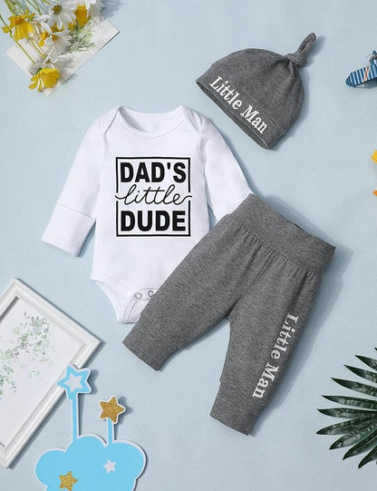 Fommy Newborn Baby Boy Clothes New to The Crew Letter Print Romper+ Pants+Hat 3PCS Outfit