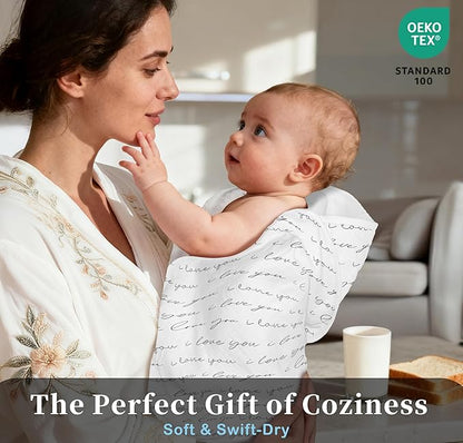 VOOVA & MOVAS 2Pack Baby Bath Towels - 100% Muslin Cotton,300GSM, 32x32 Inches,0-24Months, Super Absorbent Large Towel with Hood for Newborn,Toddler,Infant, Golden Love & Grapheme Love Patten