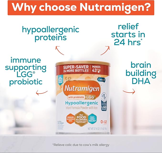 Enfamil Nutramigen Hypoallergenic Baby Formula with Iron, Lactose Free, Colic Relief from Cow's Milk Allergy Starts in 24 Hours, Brain Building DHA, Probiotic LGG for Immune Support, 27.8 Oz Can
