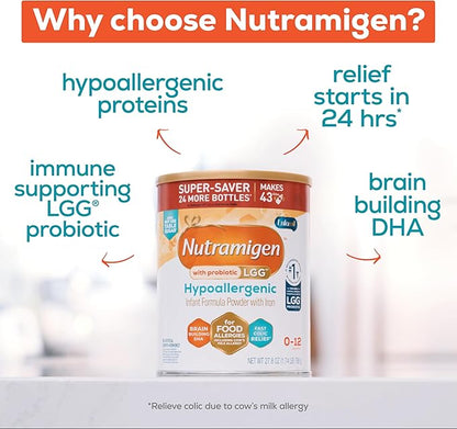 Enfamil Nutramigen Hypoallergenic Baby Formula with Iron, Lactose Free, Colic Relief from Cow's Milk Allergy Starts in 24 Hours, Brain Building DHA, Probiotic LGG for Immune Support, 27.8 Oz Can