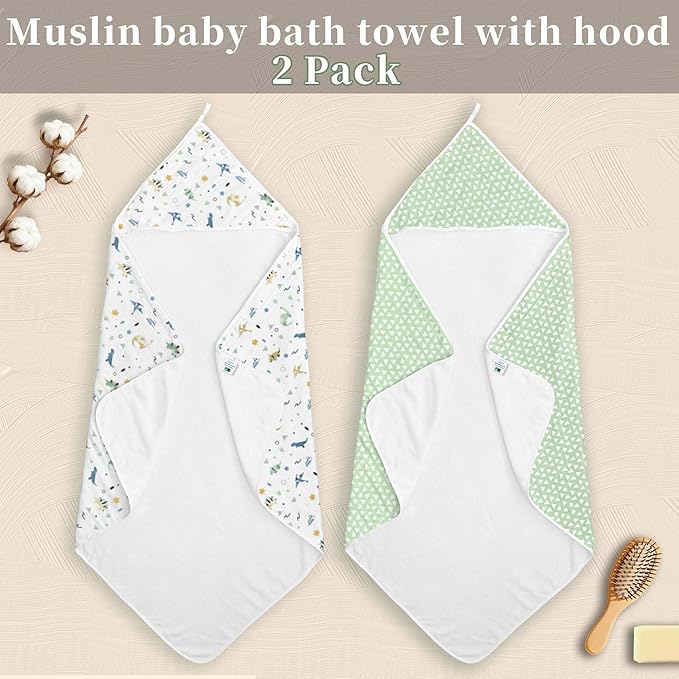 VOOVA & MOVAS 2Pack Baby Hooded Bath Towels - 100% Muslin Cotton,300GSM, 32x32 Inches,0-24Months, Super Absorbent Large Towel with Hood for Newborn,Toddler,Infant, Triangle & Dino Patten