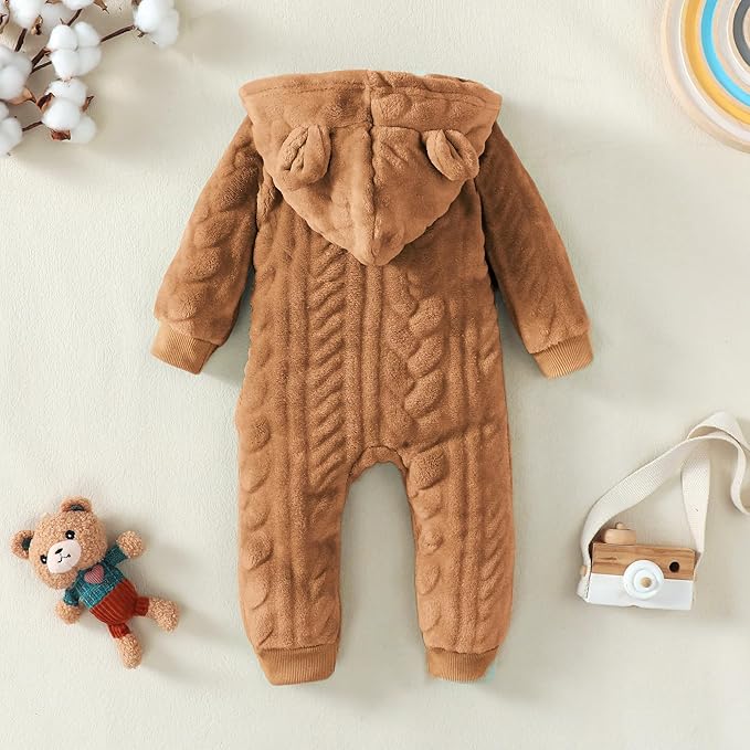 Saeaby Newborn Baby Girl Boy Clothes Fall Winter Infant Long Sleeve Fleece Jumpsuit Romper Hooded Baby Snowsuit Bear Outfit
