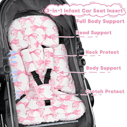 Infant Car Seat Insert, Soft Baby Car Seat Head & Body Support for Girl Boy, Reversible Newborn Preemie Carseat Insert Cushion with 3 Straps Pads, Fits Car Seat, Stroller, Swing, Bouncer, Pink Bow