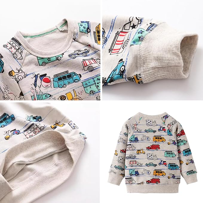 BeiVSlley Toddler Boys 3 Pack Cotton Pullover Crewneck Sweatshirt Long Sleeve Cartoon Shirt Sweaters Tops