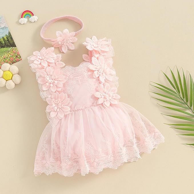 Infant Baby Girl Lace Romper Baby Tulle Dress Romper Flowers Bodysuit Spring Summer Festival Clothes with Headband