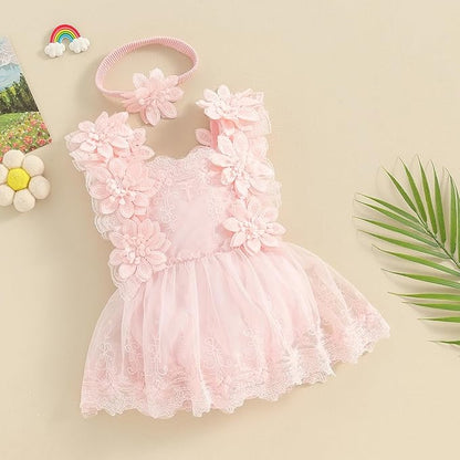 Infant Baby Girl Lace Romper Baby Tulle Dress Romper Flowers Bodysuit Spring Summer Festival Clothes with Headband