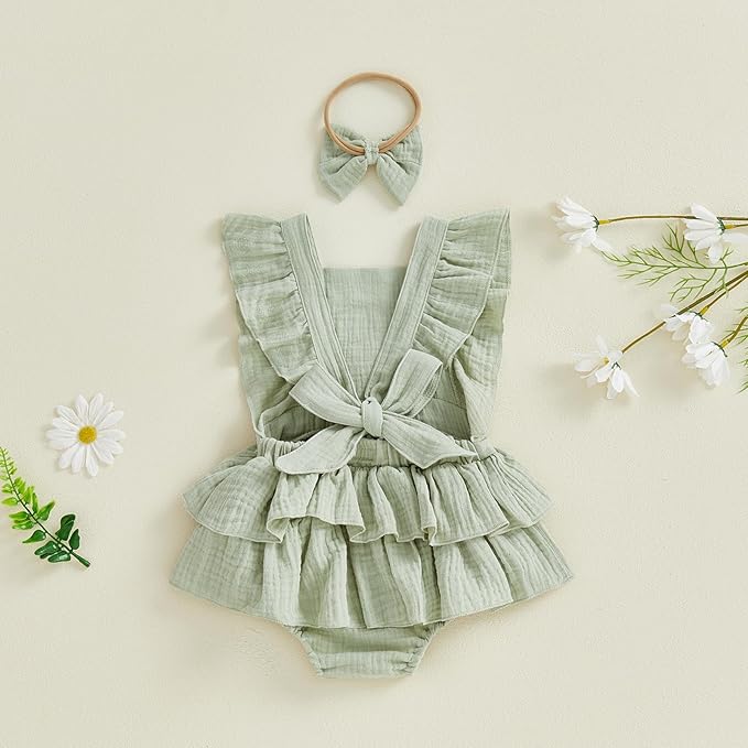 Thorn Tree Baby Girl Summer Clothes Newborn Outfit Ruffle Romper Infant Baby Dress Bow Headband Solid Cute Outfits Girls