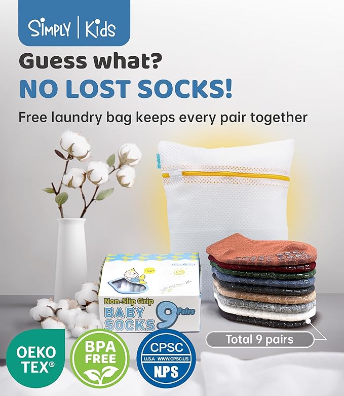 Baby Mid-Crew Socks with Grips (9 Pairs) for 0-7 Years Old Toddler Boy Girl Kids