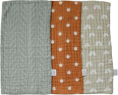 Mebie Baby Burp Cloths, Neutral Print 3-Pack, Muslin Burp Cloth Set for Spit Up, Drool, and More, Boho Burp Cloths for Baby Boy and Girl, Baby Must Haves for Registry