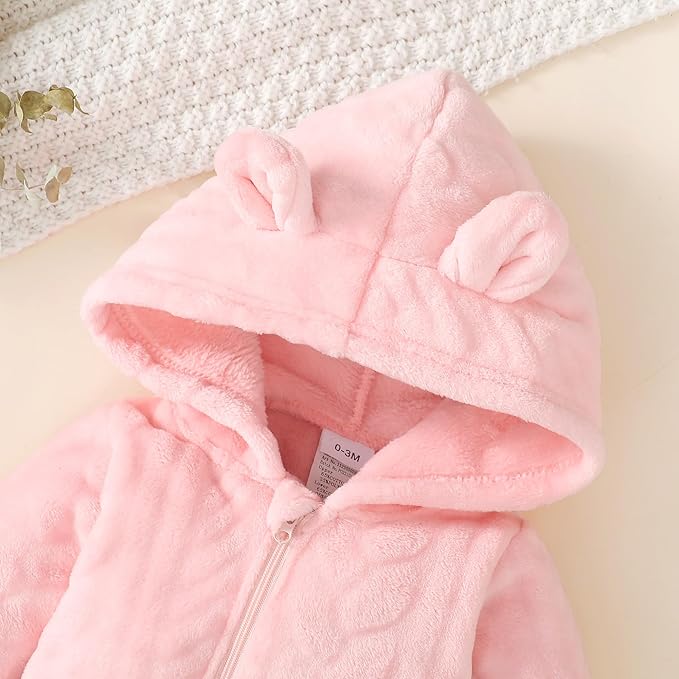 Saeaby Newborn Baby Girl Boy Clothes Fall Winter Infant Long Sleeve Fleece Jumpsuit Romper Hooded Baby Snowsuit Bear Outfit