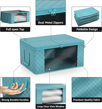 Sorbus Medium Clothes Storage Bags - Foldable Blanket Storage Bins for Organizing Bedroom, Closet, Clothing, Comforter, Organization with Clear Window, Lids and Carry Handles - Set of 6