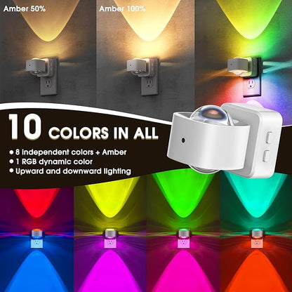 Briignite Night Light Projector, RGB Color Changing Night Light for Kids, 180° Rotating Night Lights Plug into Wall, Dusk to Dawn Sensor, RGB Ambient Lighting for Gaming Room Gifts, White, 2 Pack