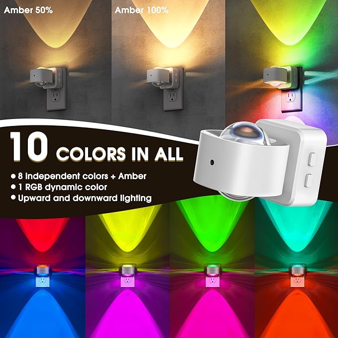 Briignite Night Light Projector, RGB Color Changing Night Light for Kids, 180° Rotating Night Lights Plug into Wall, Dusk to Dawn Sensor, RGB Ambient Lighting for Gaming Room Bathroom Gifts, White