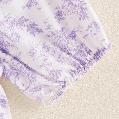 Infant Baby Girls Romper Floral Ruffle Sleeve Pleated Smocked Bubble One Piece Ruched Jumpsuit Summer Bodysuit