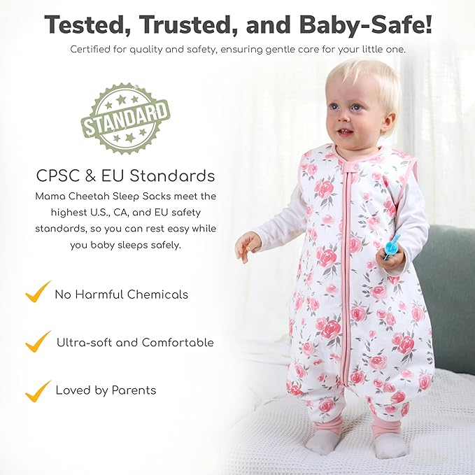 Mama Cheetah Toddler Sleep Sack with Feet, 1.0 TOG Organic Cotton Baby Wearable Blankets with Legs, Baby Sleeping Bag for Walkers, Early Walker 6-18 Month