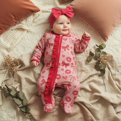 Newborn Baby Girl Valentines Day Outfit Ruffles Bow Footie Long Sleeve Romper Jumpsuit Bodysuit Overalls Fall Clothes