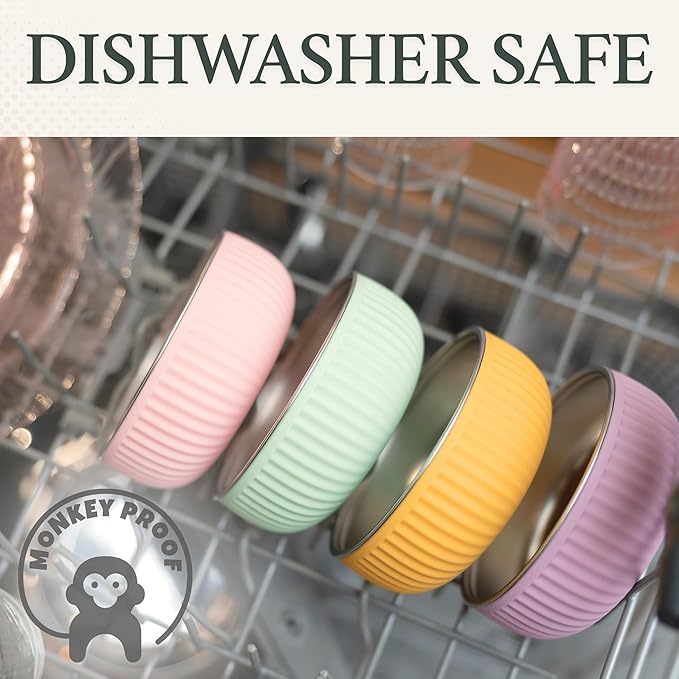 Monkey Proof™ Non-Toxic Stainless Steel Child Bowl 5” with Non-Slip Grooved Silicone Shell, (Set of 4 bowls) Unbreakable, Mess Free Feeding for Babies, Toddlers, Kids, BPA free (Garden Party Grooved)