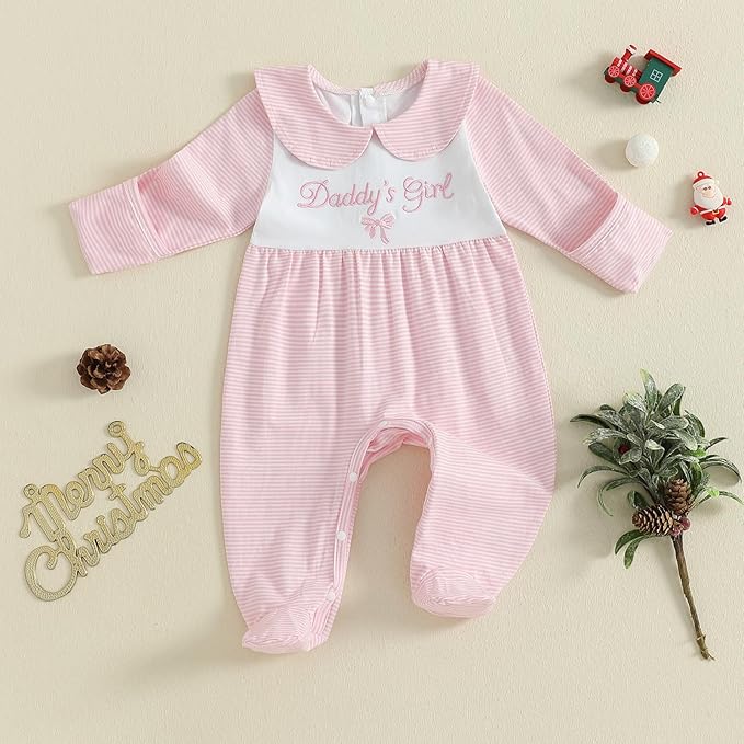 Newborn Baby Girl Footed Romper Onesie Little Sister Embroidery Fall Clothes Coming Home Outfit Vintage Jumpsuit