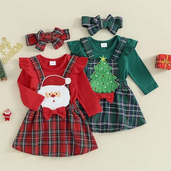 Hnyenmcko Newborn Baby Girl Christmas Clothes Infant Red Plaid Romper Dress Ruffle Long Sleeve Ribbed Bodysuit Headband Set