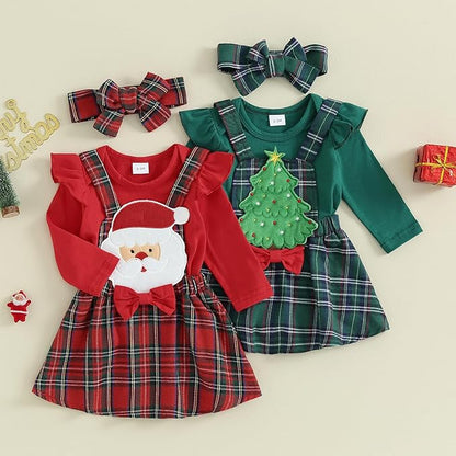 Hnyenmcko Newborn Baby Girl Christmas Clothes Infant Red Plaid Romper Dress Ruffle Long Sleeve Ribbed Bodysuit Headband Set